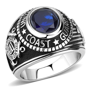 Men's 316 Stainless Steel Wide Band US Coast Guard Blue Sapphire CZ Ring