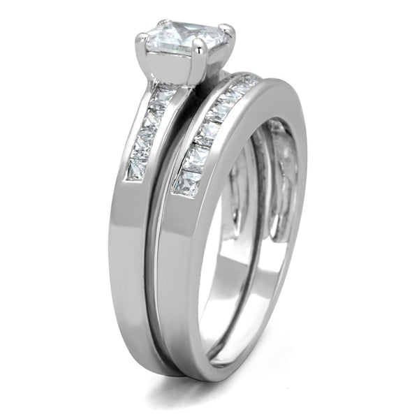 His Hers 3 Pcs Stainless Steel Princess Cut CZ Wedding Ring set Mens 7 Clear CZ Band - LA NY Jewelry