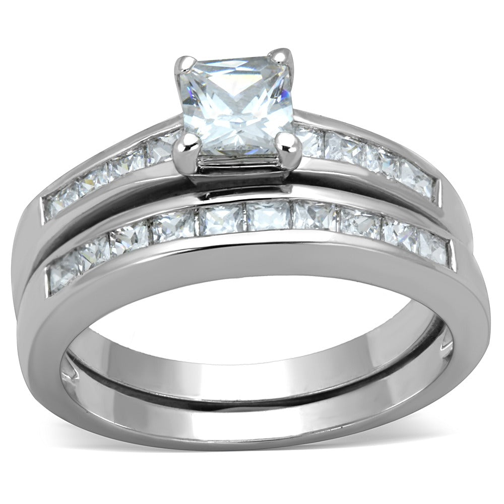 His & Hers 3-Stone Princess Cut Cubic Zirconia Wedding Ring Set In Stainless Steel