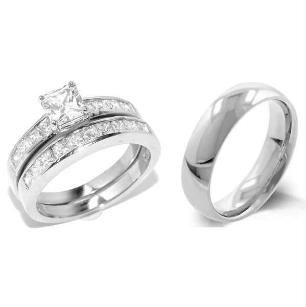 His & Hers 3 Pcs Stainless Steel Princess CZ Ring set / Mens Matching Plain Band
