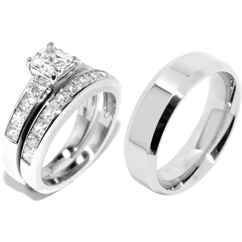 His Hers 3 Pcs Stainless Steel Princess Cut CZ Engagement Ring set Mens Flat Band
