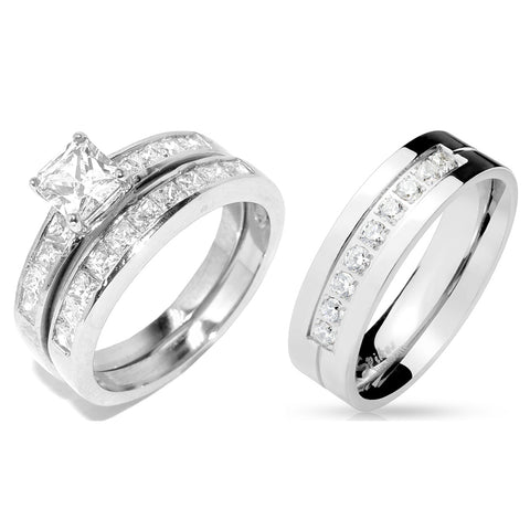 His Hers 3 PCS Stainless Steel Princess Cut CZ Wedding Ring set Mens 9 Round CZ Band