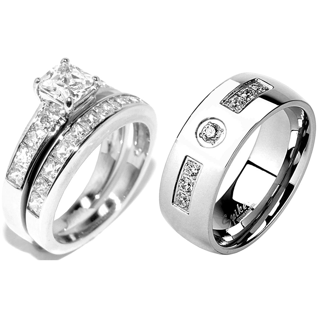 His Hers 3 Pcs Stainless Steel Princess Cut CZ Wedding Ring set Mens 7 Clear CZ Band