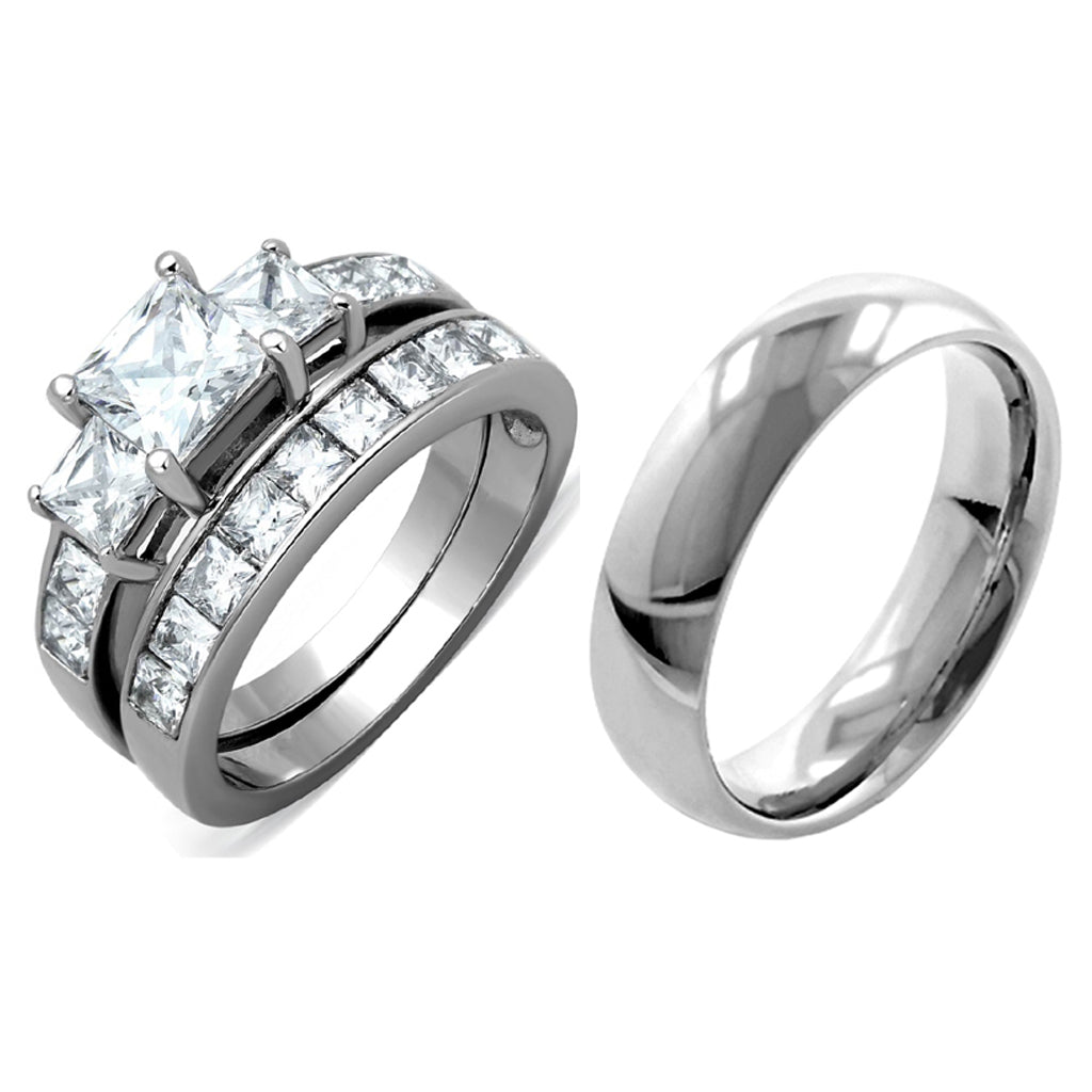 3 PCS Couple Womens Princess Cut CZ Silver Stainless Steel Wedding Ring set with Mens Matching Band