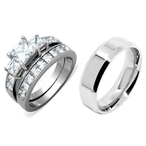3 PCS Couple Womens Princess Cut CZ Silver Stainless Steel Wedding Ring set with Mens Flat Band