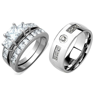 3 PCS Couples Ring Set Womens Princess Cut CZ Silver Stainless Steel Ring set / Mens Band with 7 CZs