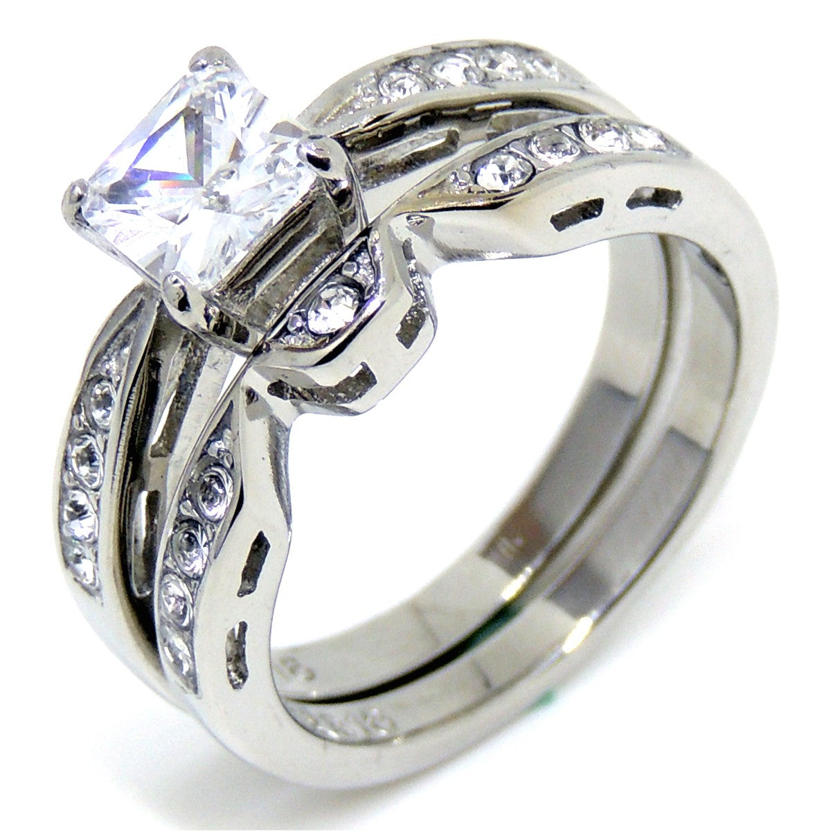 Princess cut Clear CZ Stainless Steel Hypoallergenic Ring Set - LA NY Jewelry