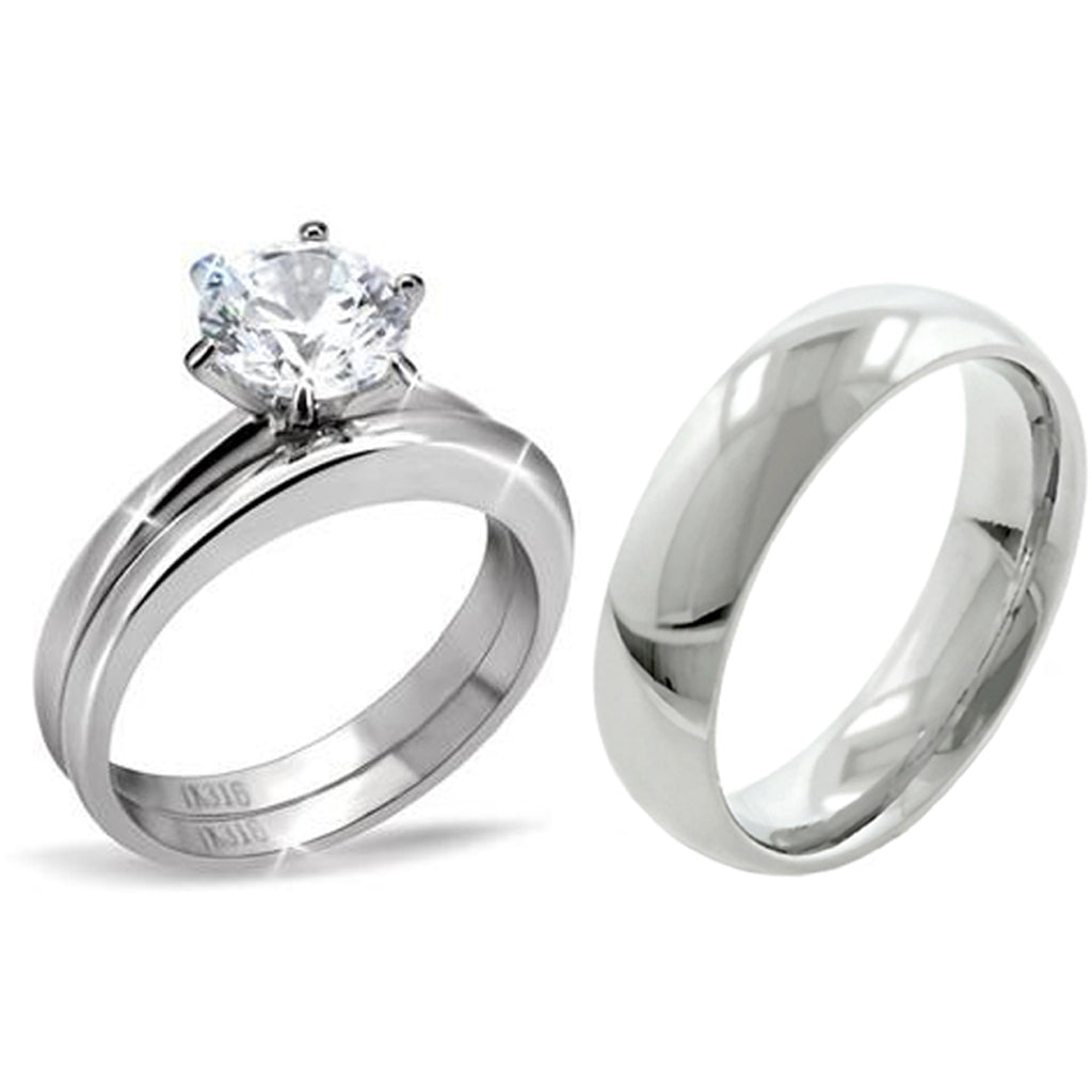 His Hers 3 PCS Classic CZ Stainless Steel Engagement Ring Set and Mens Matching Band