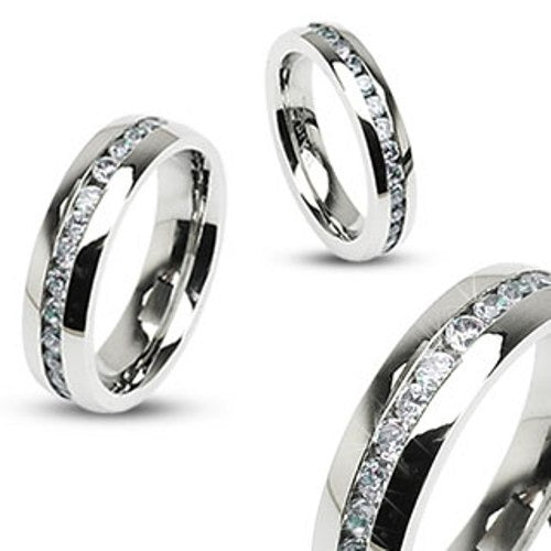 His Hers 3 PCS Solitaire CZ Stainless Steel Wedding Ring Set Mens All Around CZ Band - LA NY Jewelry