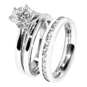 His Hers 3 PCS Solitaire CZ Stainless Steel Wedding Ring Set Mens All Around CZ Band - LA NY Jewelry