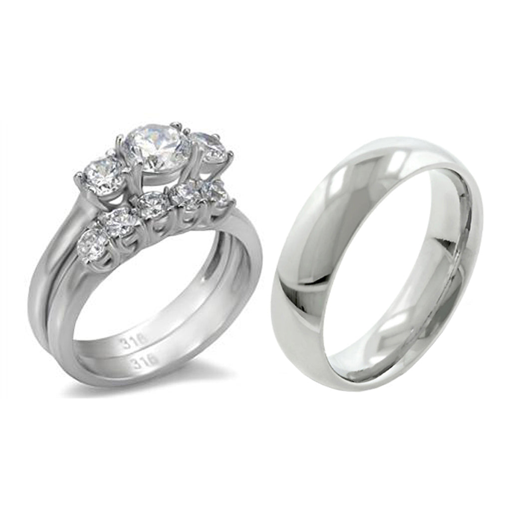 His Hers 3 PCS Stainless Steel 3-Stone CZ Engagement Ring Set and Mens Matching Band