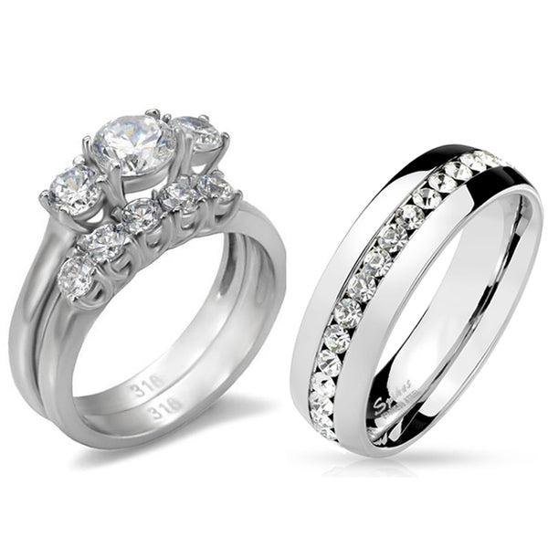 His Hers 3 PCS Stainless Steel 3-Stone CZ Wedding Ring Set Mens Matching All Around CZ Band