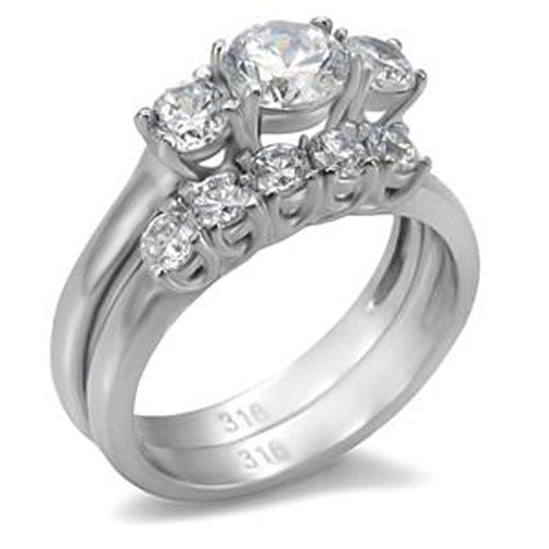 His Hers 3 PCS Stainless Steel 3-Stone CZ Wedding Ring Set Mens 9 Round CZ Band - LA NY Jewelry
