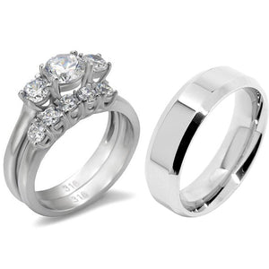 His Hers 3 PCS Stainless Steel 3-Stone CZ Wedding Ring Set with Mens Matching Flat Band