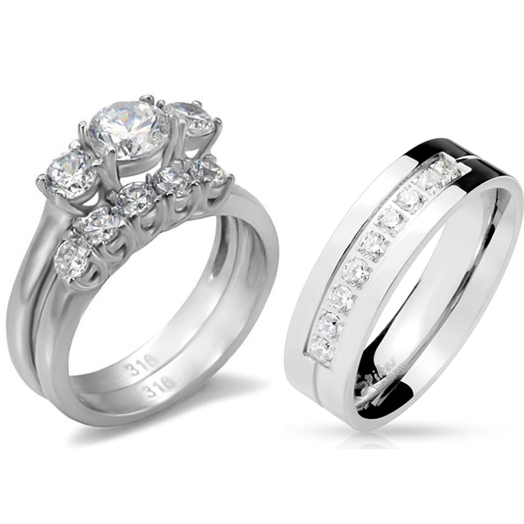 Stainless Steel 3 Diamond Ring