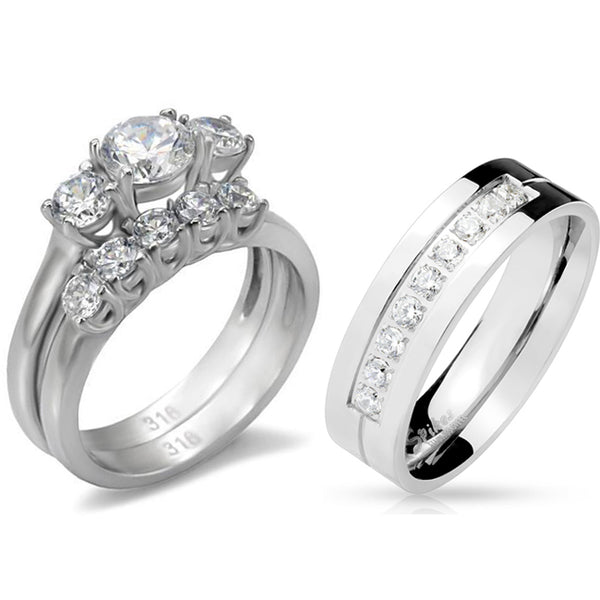 His Hers 3 PCS Stainless Steel 3-Stone CZ Wedding Ring Set Mens 9 Round CZ Band