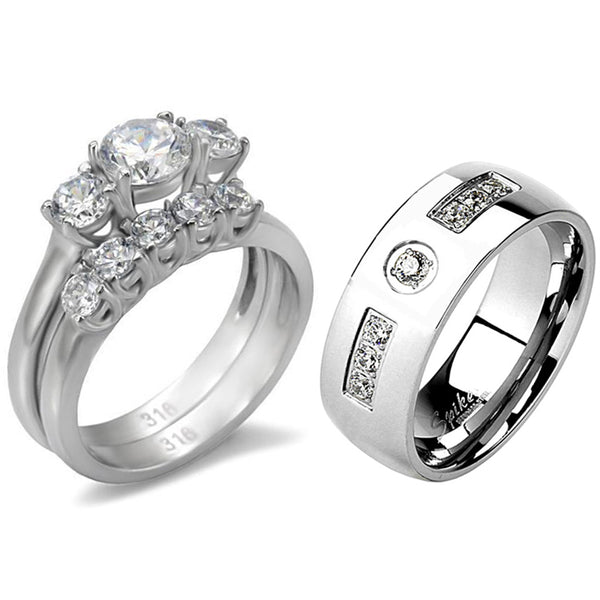 His Hers 3 PCS Stainless Steel 3-Stone CZ Wedding Ring Set with Mens 7 Clear CZ Band