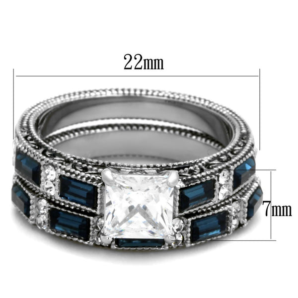 His Hers 3 PCS Stainless Steel Clear Princess CZ Deep Blue CZ Wedding Ring set Mens Dome Band