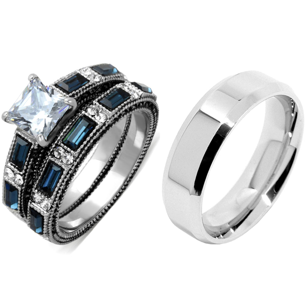 His Hers 3 PCS Stainless Steel Clear Princess CZ Deep Blue CZ Wedding Ring set Mens Flat Band