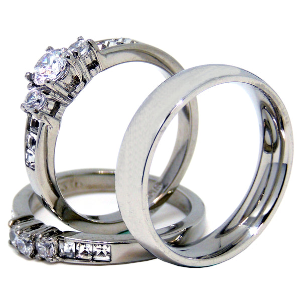 His Hers 3 PCS Silver Stainless Steel Small Round Cut CZ Wedding Ring set and Mens Band