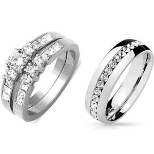 His Hers 3 PCS Stainless Steel Round Cut CZ Wedding Ring set Mens Matching All Around CZ Band