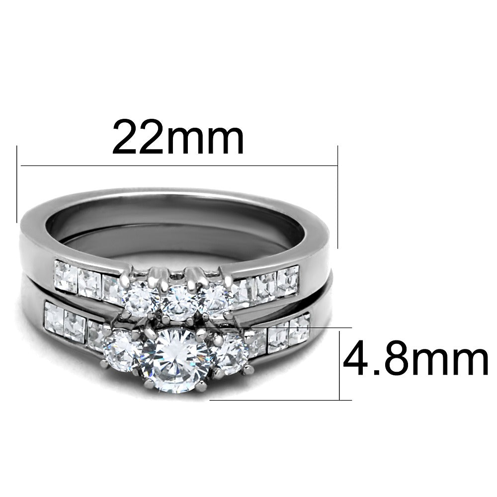 His Hers 3 Pcs Silver Stainless Steel Round Cut CZ Wedding Ring Set Mens Flat Band 8 / 7