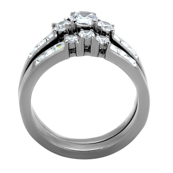 Three-Stone Type Brilliant CZ Stainless Steel Wedding Ring Set - LA NY Jewelry