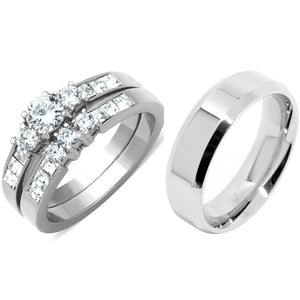 His Hers 3 PCS Silver Stainless Steel Round Cut CZ Wedding Ring set Mens Flat Band
