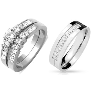 His Hers 3 PCS Stainless Steel Round Cut CZ Wedding Ring set Mens 9 Round CZ Band