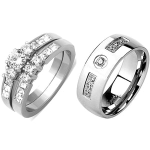 His Hers 3 PCS Silver Stainless Steel Round Cut CZ Wedding Ring set Mens 7 Round CZ Band