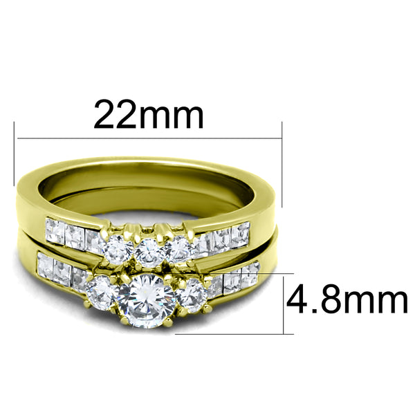 His Hers 3 Pcs Gold IP Stainless Steel Small Round Cut CZ Wedding Ring set and Mens Band