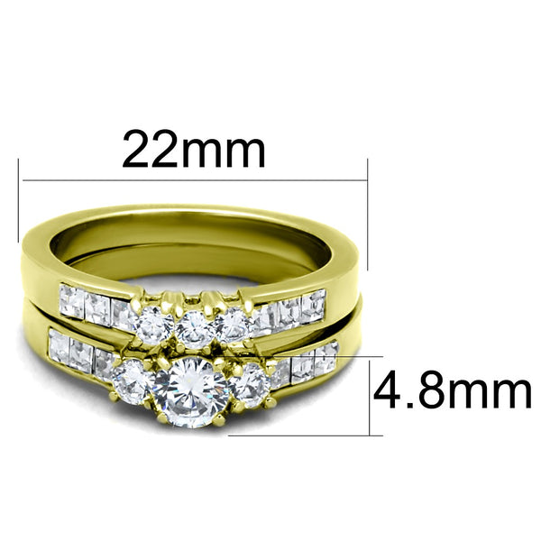 Womens 14K Gold Plated Small Round CZ Engagement Ring Mens Flat Wedding Band - LA NY Jewelry