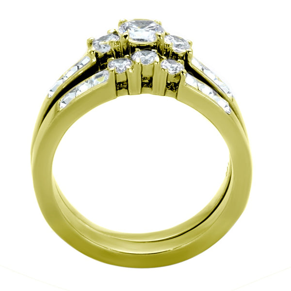 Womens 14K Gold Plated Small Round CZ Engagement Ring Mens Flat Wedding Band - LA NY Jewelry