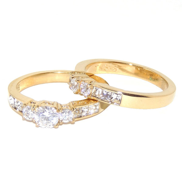 Couple Ring Set Gold IP Stainless Steel Round CZ Promise Ring set Mens Gold Spinning Band - LA NY Jewelry