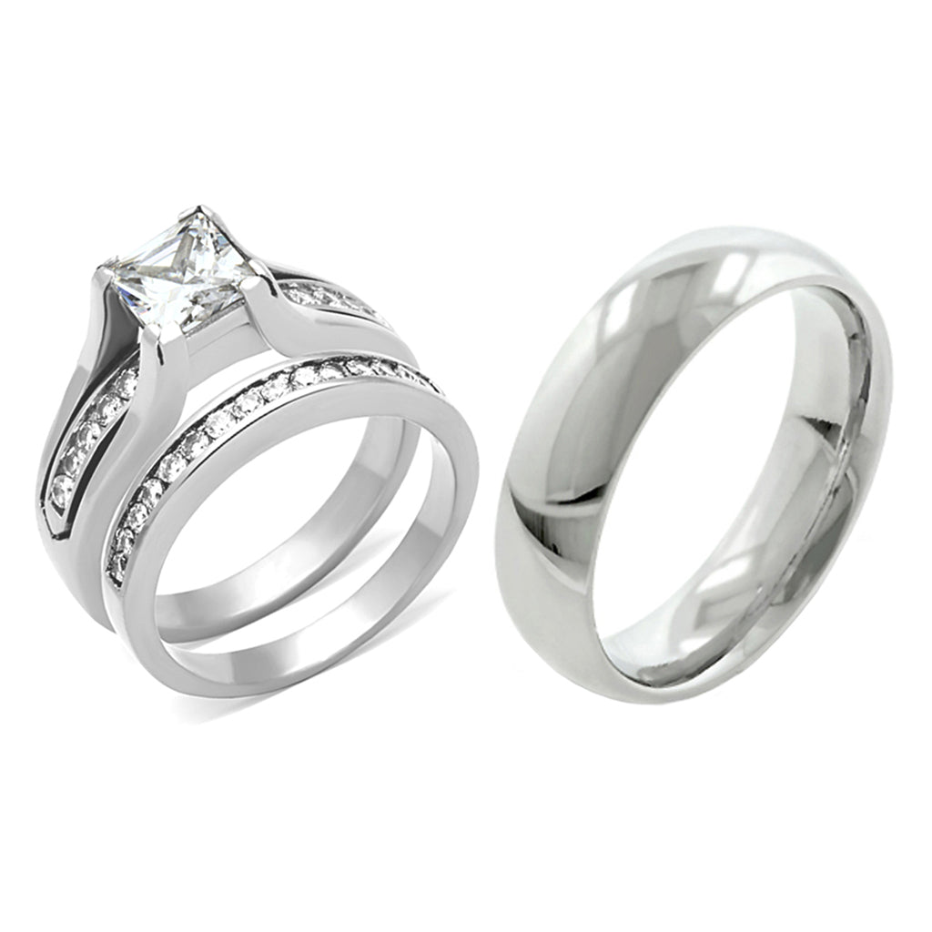 3 PCS Couple Womens 7x7mm Princess CZ Engagement Ring Set Mens Matching Band