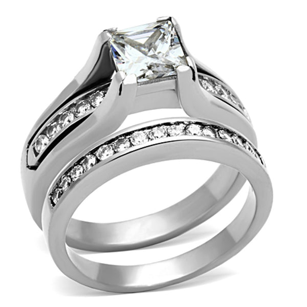 3 PCS Couple Womens 7x7mm Princess CZ Engagement Ring Set Mens Matching Flat Band - LA NY Jewelry