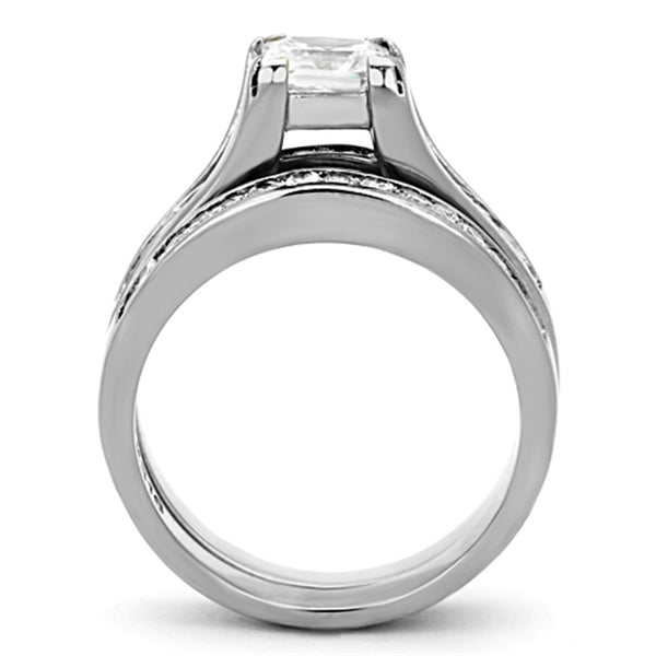 3 PCS Couple Womens 7x7mm Princess CZ Engagement Ring Set Mens All Around CZ Band - LA NY Jewelry