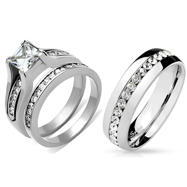 3 PCS Couple Womens 7x7mm Princess CZ Engagement Ring Set Mens All Around CZ Band