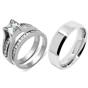 3 PCS Couple Womens 7x7mm Princess CZ Engagement Ring Set Mens Matching Flat Band