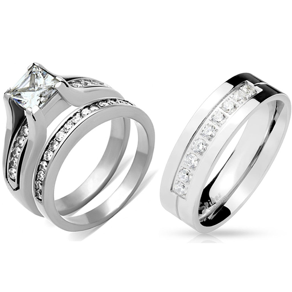 3 PCS Couple Womens 7x7mm Princess CZ Engagement Ring Set Mens 9 CZ Band