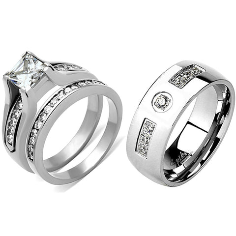 3 PCS Couple Womens 7x7mm Princess CZ Engagement Ring Set Mens 7 CZs Band