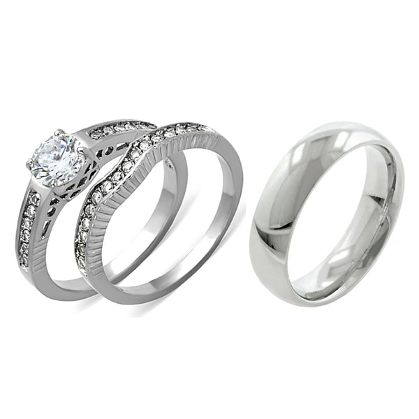 His Hers 3 PCS Clear CZ Womens Stainless Steel Wedding Set w/ Mens Matching Band