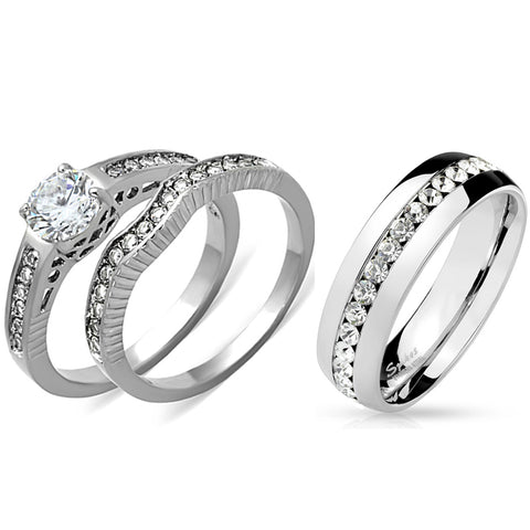 His Hers 3 PCS Womens 6x6mm Round CZ Stainless Steel Wedding Ring Set Mens All Around Clear CZ Band