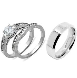 His Hers 3 PCS Womens 6x6mm Round CZ Stainless Steel Wedding Ring Set Mens Flat Band