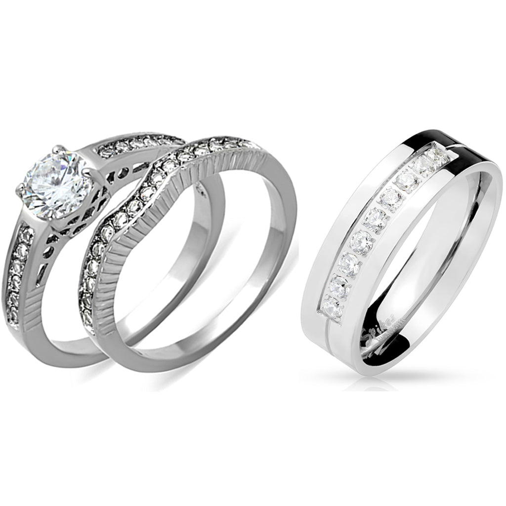 His Hers 3 PCS Womens 6x6mm Round CZ Stainless Steel Wedding Ring Set Mens 9 Round CZ Band