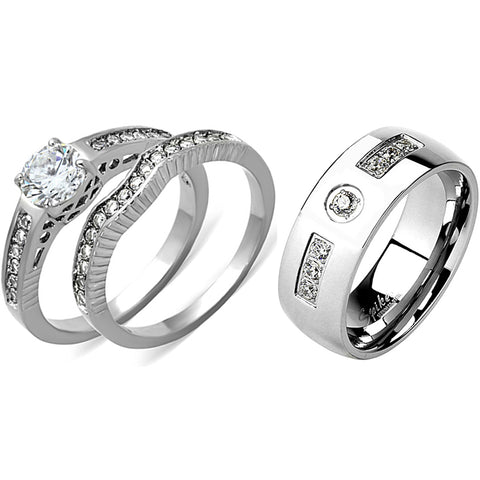 His Hers 3 PCS Womens 6x6mm Round CZ Stainless Steel Wedding Ring Set Mens 7 Round CZ Band