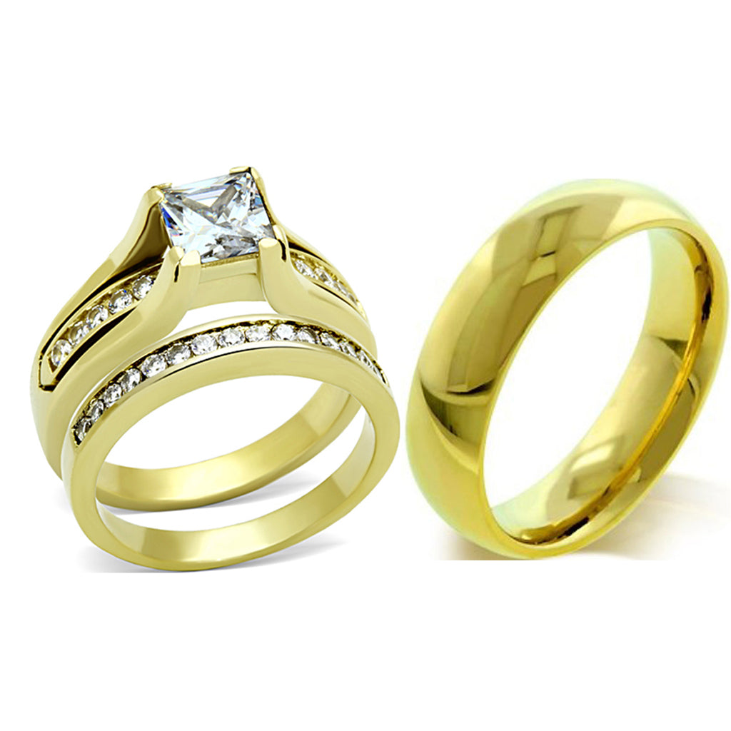 His Hers 3 PCS Princess Cut CZ Gold IP Stainless Steel Wedding Set / Mens Gold IP Band