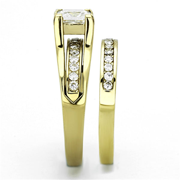 Womens 14K Gold Plated Princess CZ Engagement Ring Mens Flat Wedding Band - LA NY Jewelry