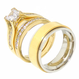 His Hers 3 PCS 7x7mm Princess Cut CZ Gold IP Stainless Steel Wedding Set Mens Gold IP Spinning Band - LA NY Jewelry