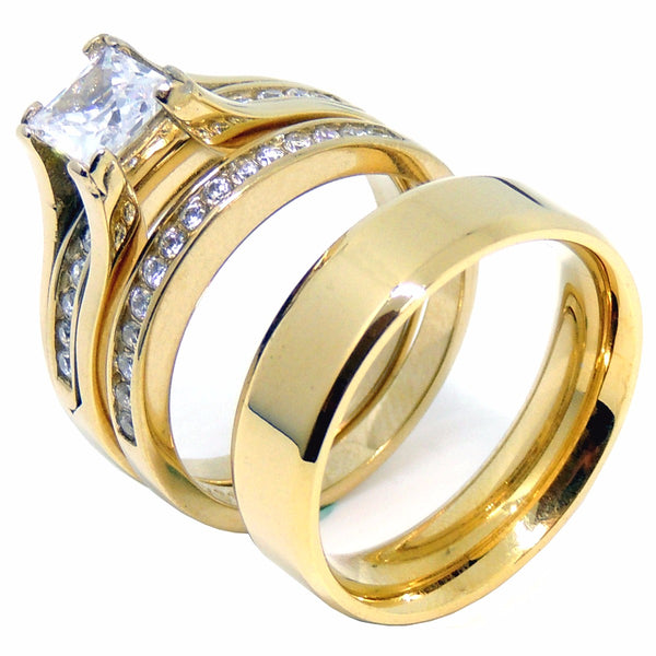 Womens 14K Gold Plated Princess CZ Engagement Ring Mens Flat Wedding Band - LA NY Jewelry